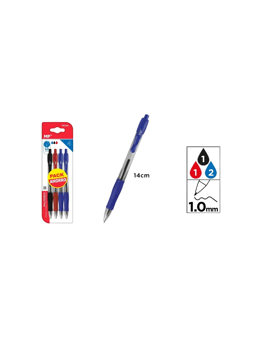 PP BOLIGRAFO MP 1 MM 2AZUL-ROJO-NEGRO PACK-4 UD