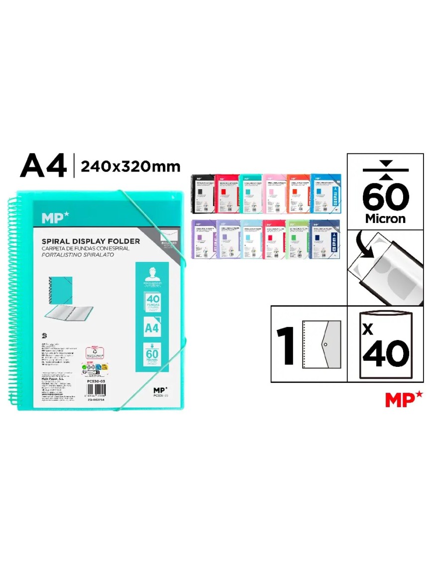 PP CARPETA MP 40 FUNDAS A4 C/ESPIRAL Y GOMAS UD