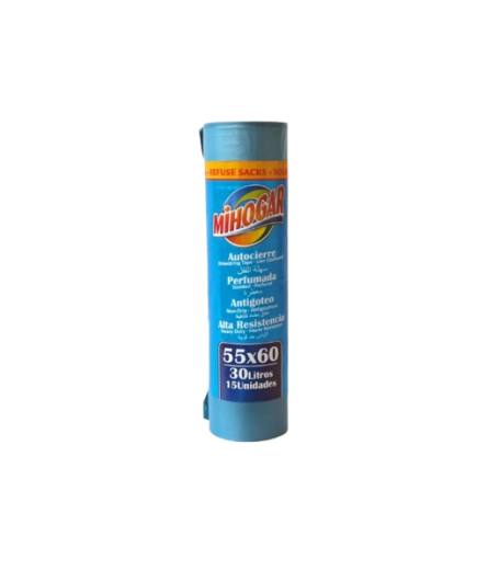 B/BASURA 55X60 AUTOCIERRE MIHOGAR 30L AZUL P/15UD