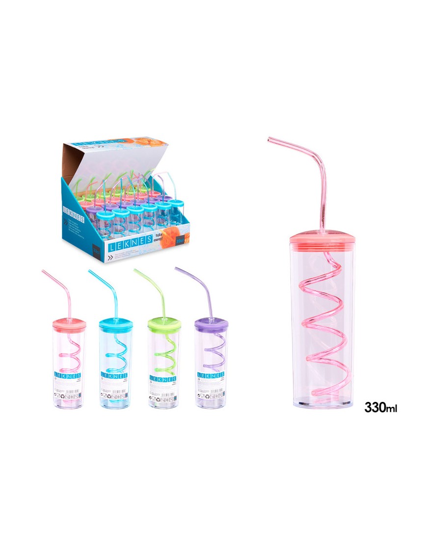 VASO PAJITA ESPIRAL LEKNES COLORES 330ML UNIDAD