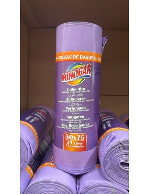 B/BASURA 50X75 AUTOCIERRE MIHOGAR MORADA 35L B/15U