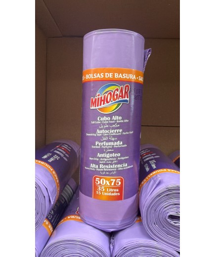 B/BASURA 50X75 AUTOCIERRE MIHOGAR MORADA 35L B/15U