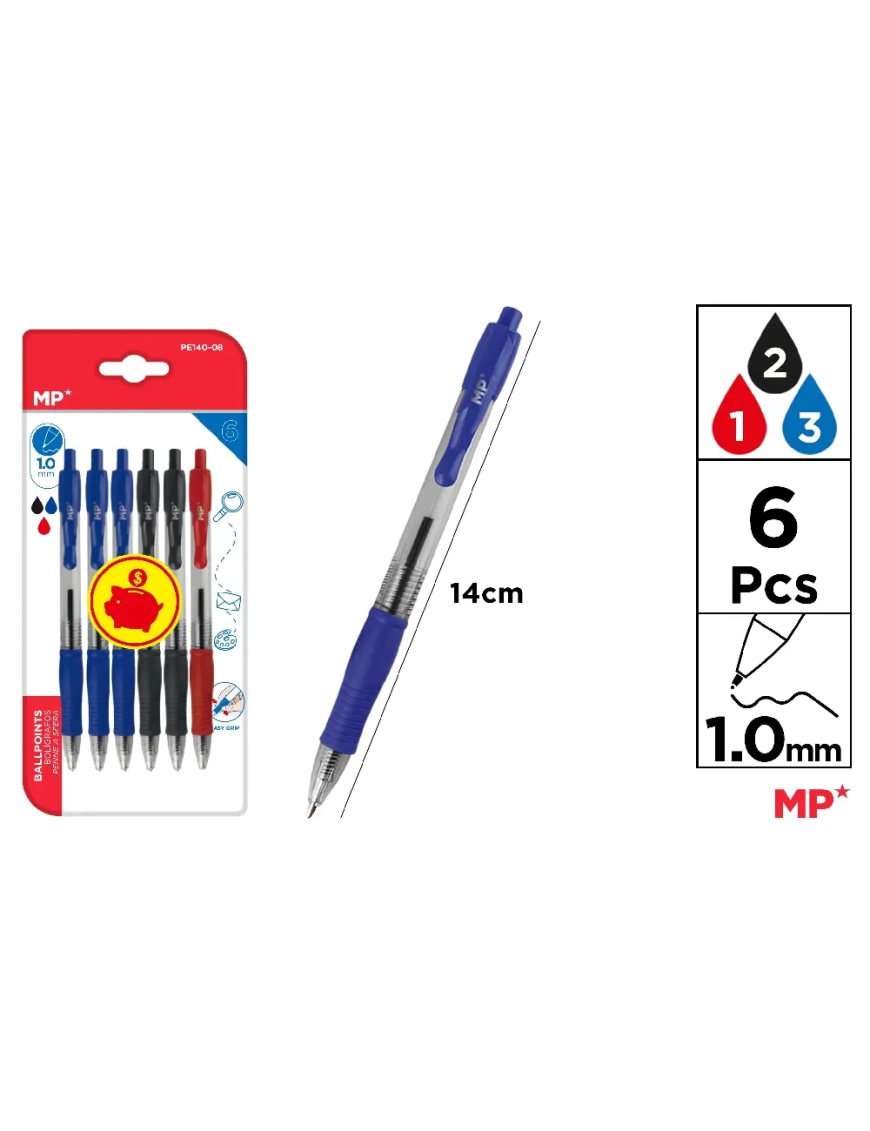 PP BOLIGRAFO MP 1 MM 3AZUL-2NEGRO-ROJO PACK-6 UD