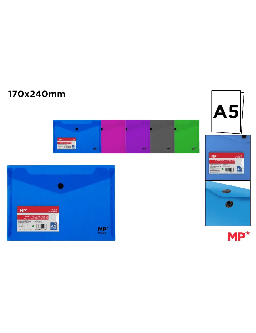 PP CARPETA SOBRE MP A5 TRANSL COLORES C/BOTON UD